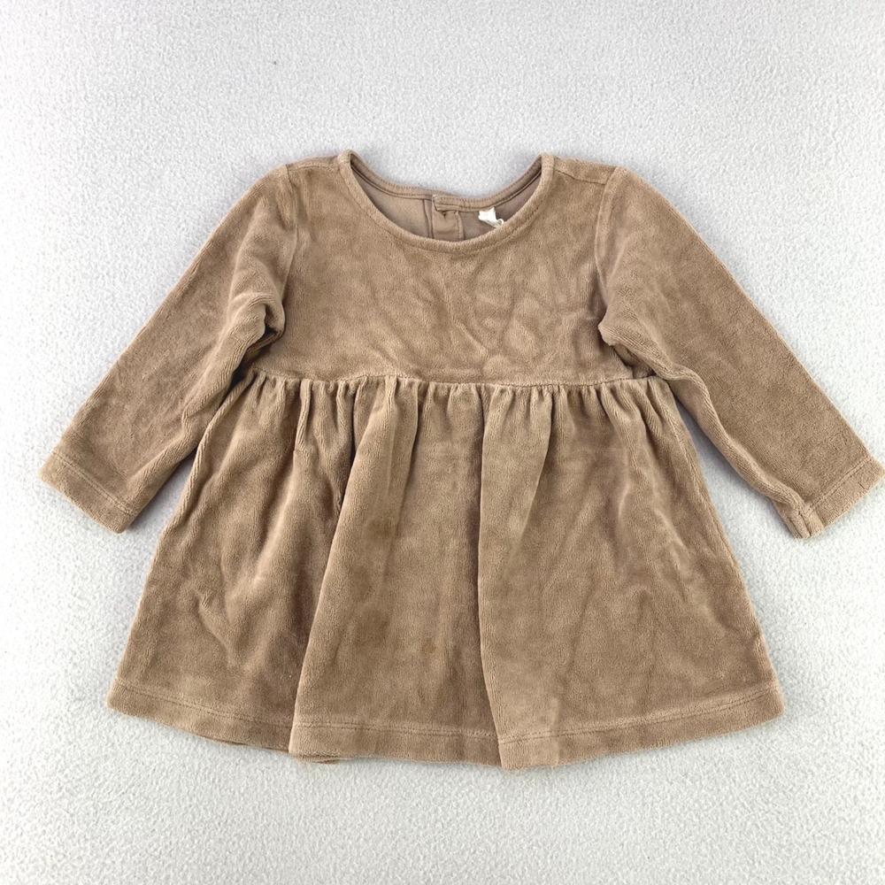 Quincy Mae Velour Babydoll Dress Girls 12-18M Brown Organic Cotton Long Sleeve